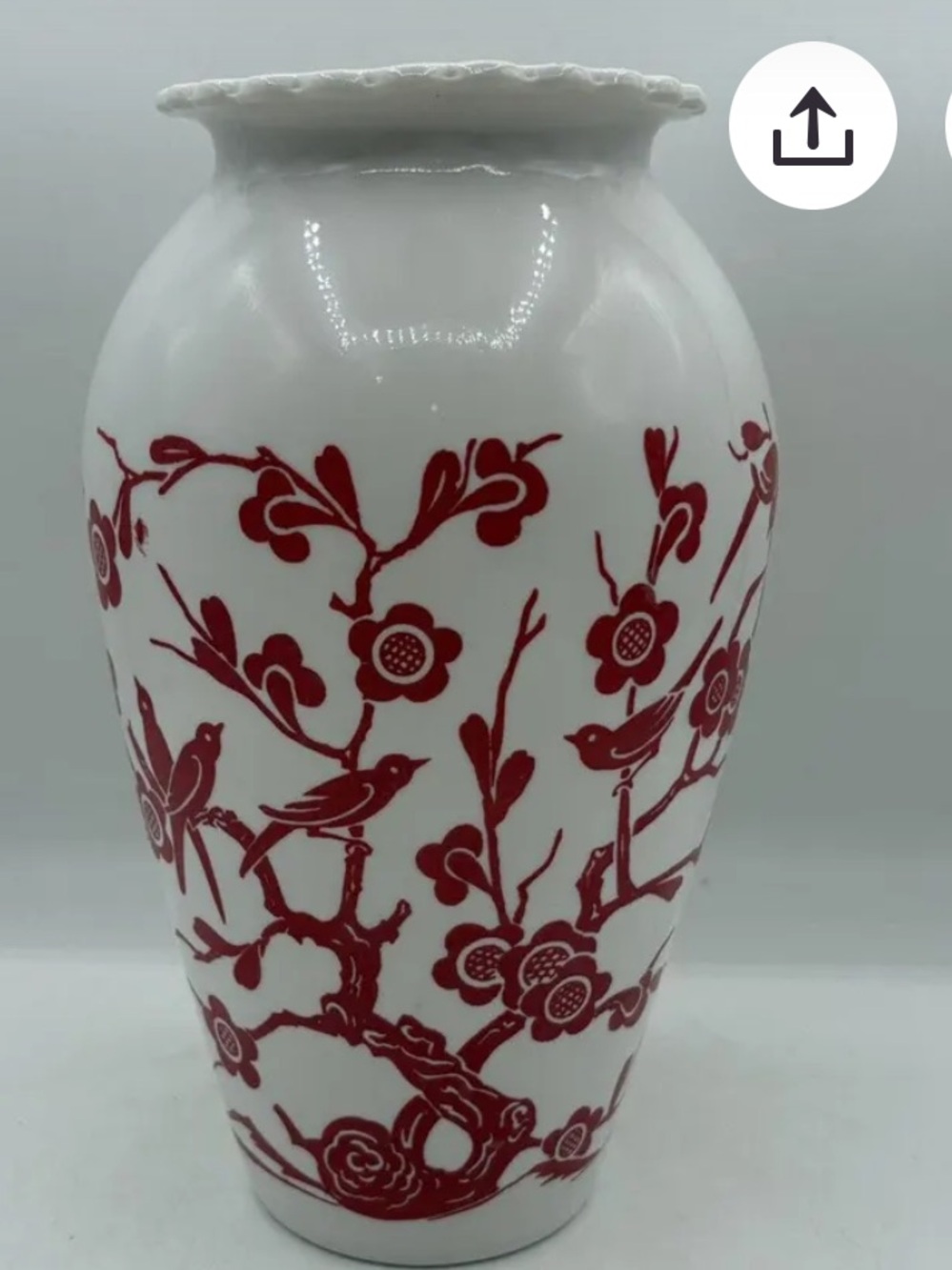 Vintage Anchor Hocking 9" Milk Glass vase with Red Birds and Cherry Blossoms
